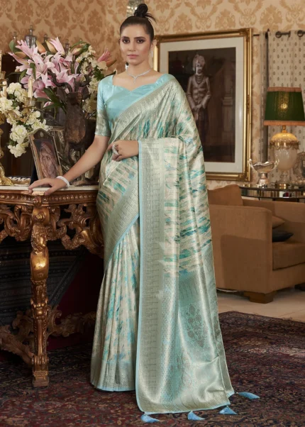 Turquoise Kanjivaram Saree with Stone Work