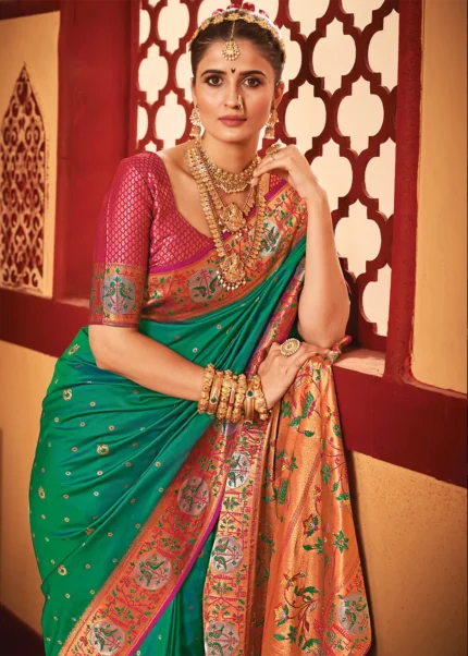 Turquoise Paithani Silk Saree with Stone Work