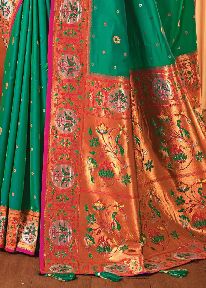 Turquoise Paithani Silk Saree with Stone Work