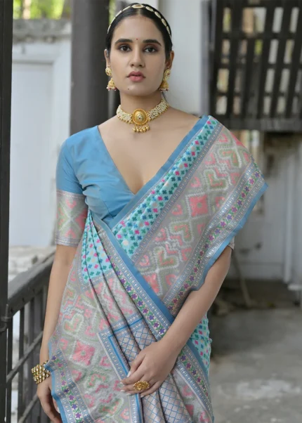 Turquoise Patola Silk Saree with Blue Blouse