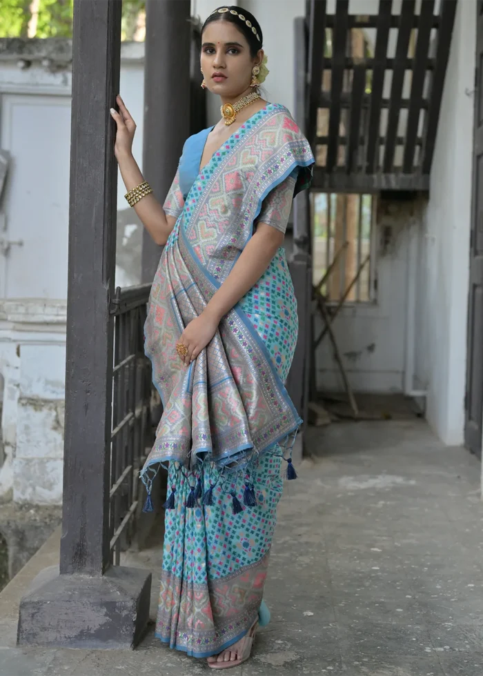 Turquoise Patola Silk Saree with Blue Blouse