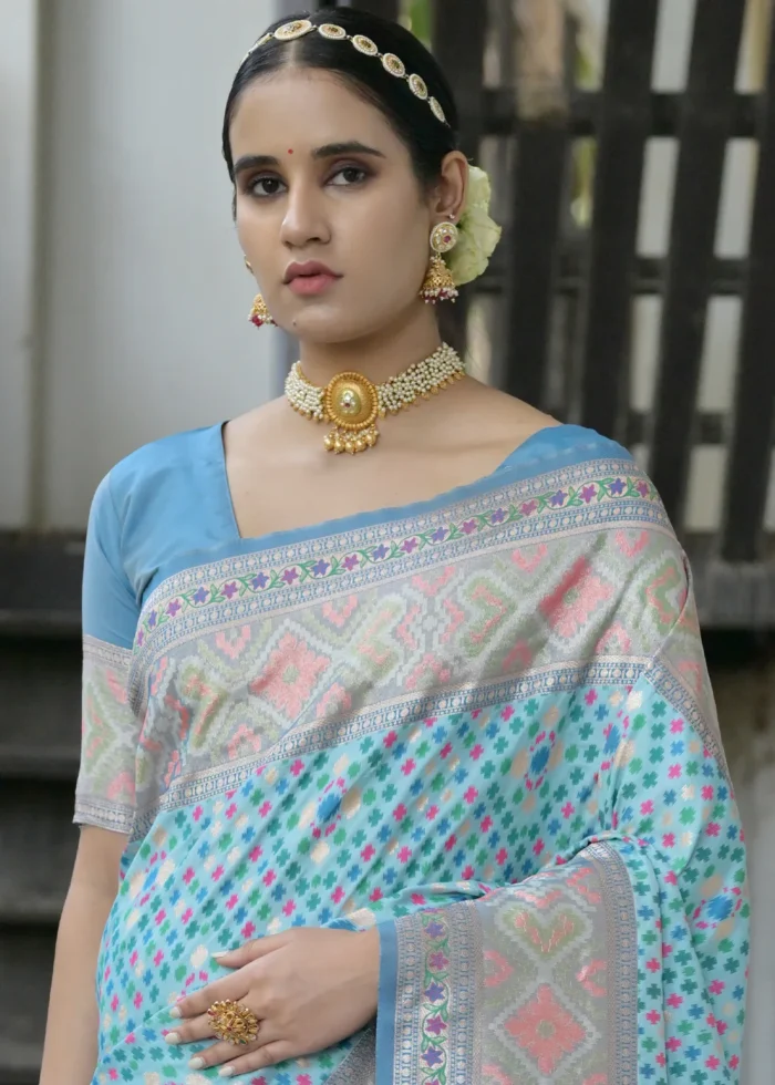 Turquoise Patola Silk Saree with Blue Blouse