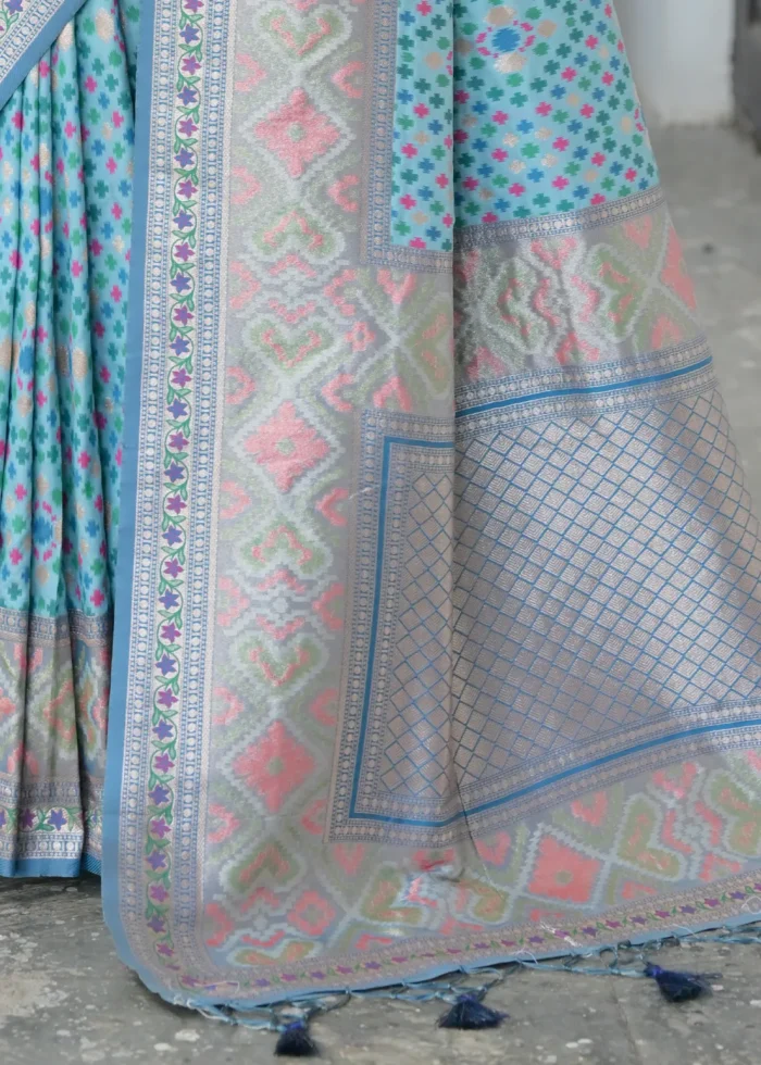 Turquoise Patola Silk Saree with Blue Blouse