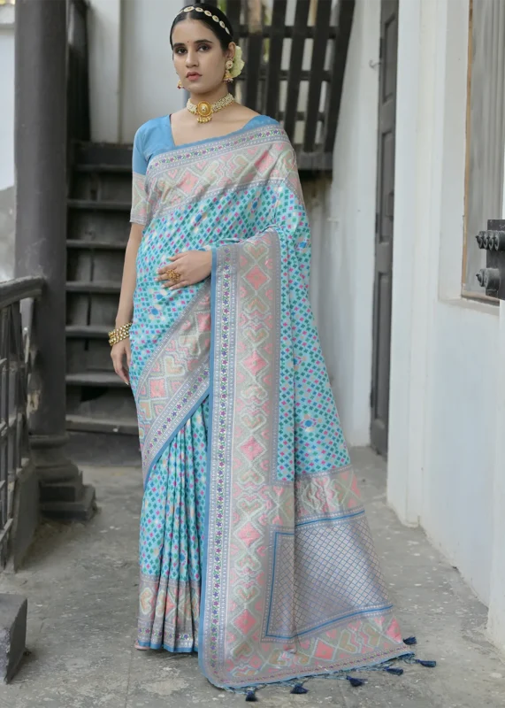 Turquoise Patola Silk Saree with Blue Blouse