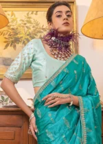 Turquoise Satin Silk Saree with Zari Work