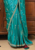 Turquoise Satin Silk Saree with Zari Work