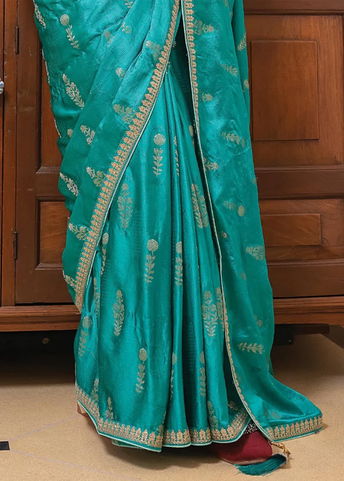 Turquoise Satin Silk Saree with Zari Work