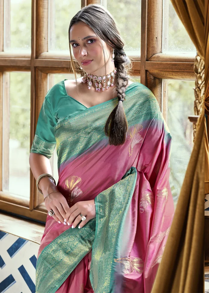 Watermelon Pink Banarasi Silk Saree