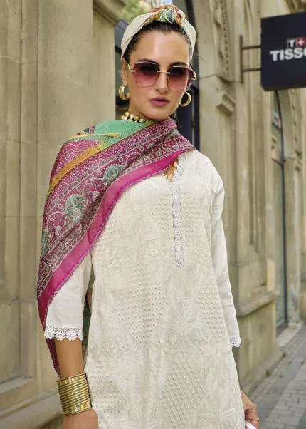 White Embroidered Cotton Suit with Printed Dupatta