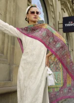 White Embroidered Cotton Suit with Printed Dupatta