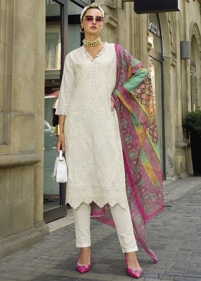 White Embroidered Cotton Suit with Printed Dupatta