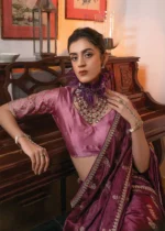 Wine Embroidered Satin Silk Saree