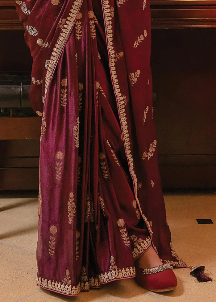 Wine Embroidered Satin Silk Saree