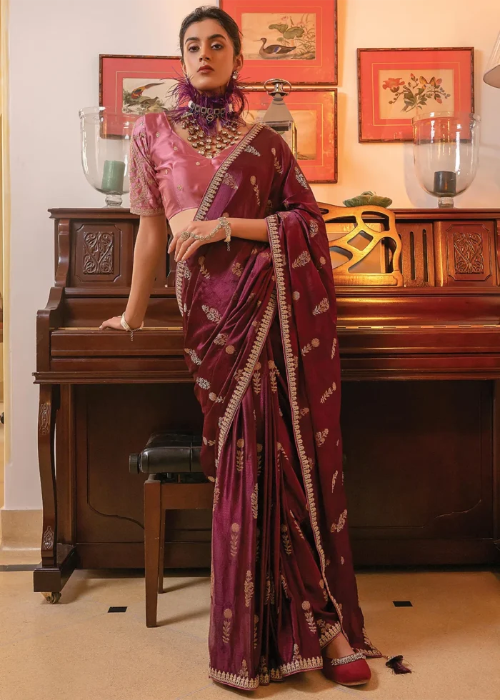 Wine Embroidered Satin Silk Saree