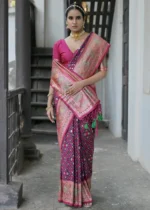 Wine Patola Silk Saree with Magenta Blouse