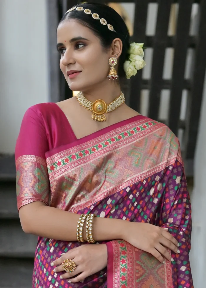 Wine Patola Silk Saree with Magenta Blouse