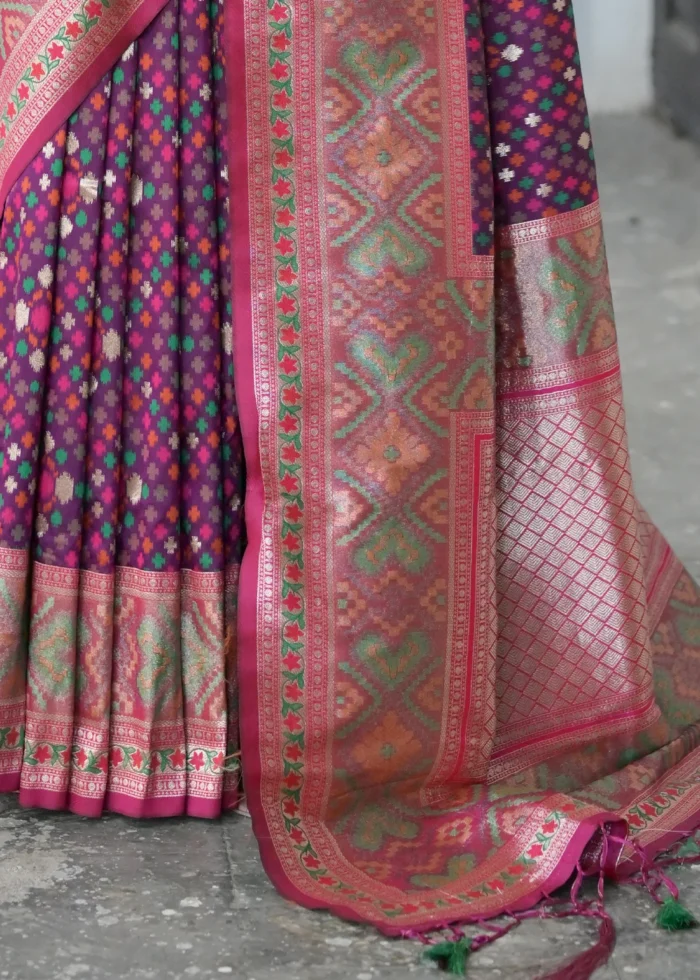 Wine Patola Silk Saree with Magenta Blouse