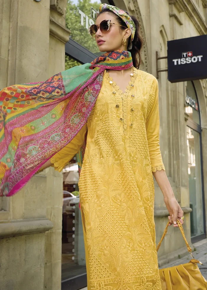 Yellow Embroidered Cotton Suit with Printed Dupatta