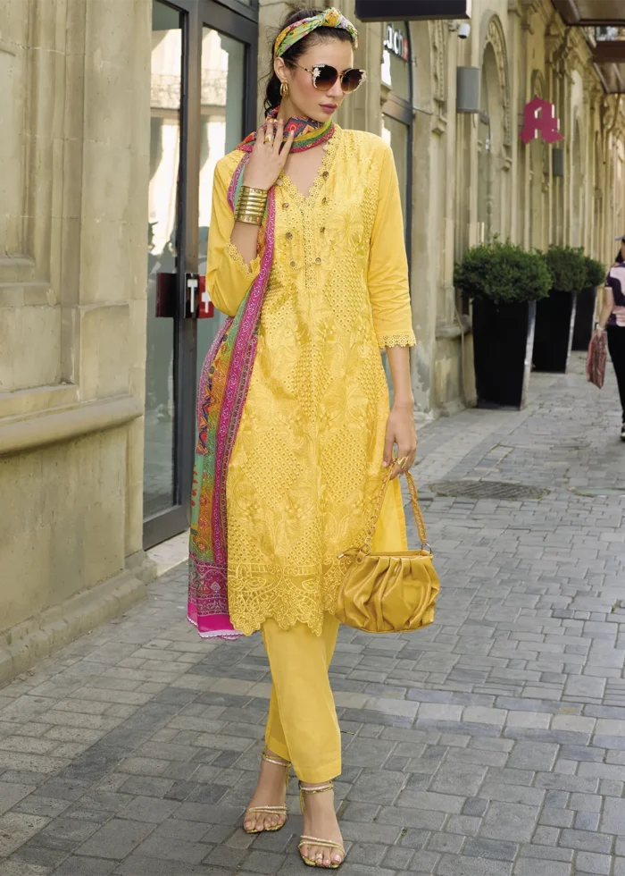 Yellow Embroidered Cotton Suit with Printed Dupatta