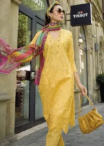 Yellow Embroidered Cotton Suit with Printed Dupatta