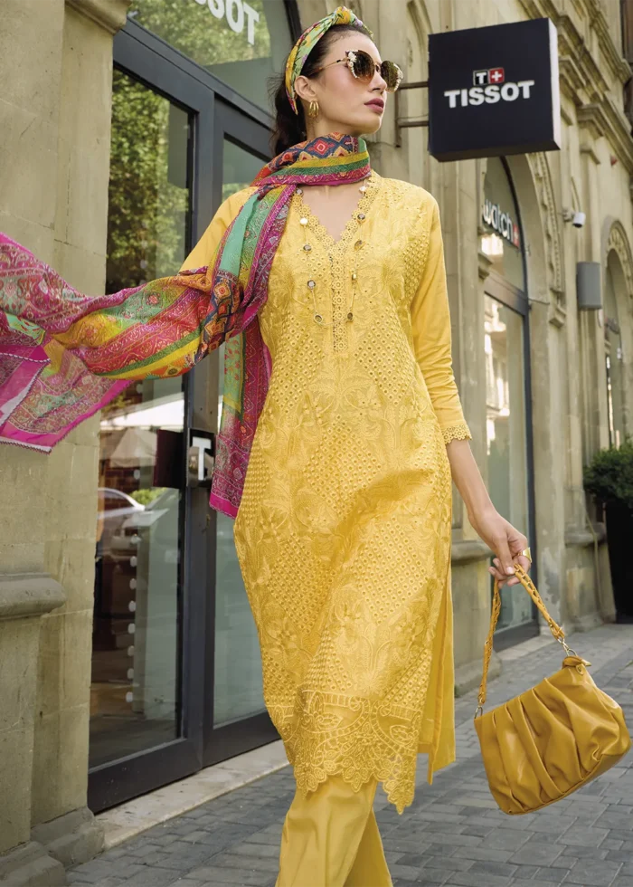 Yellow Embroidered Cotton Suit with Printed Dupatta