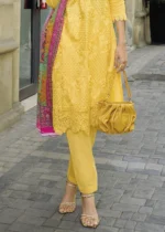 Yellow Embroidered Cotton Suit with Printed Dupatta