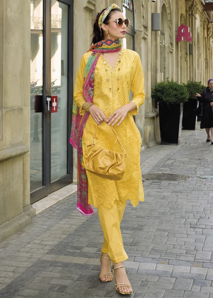 Yellow Embroidered Cotton Suit with Printed Dupatta