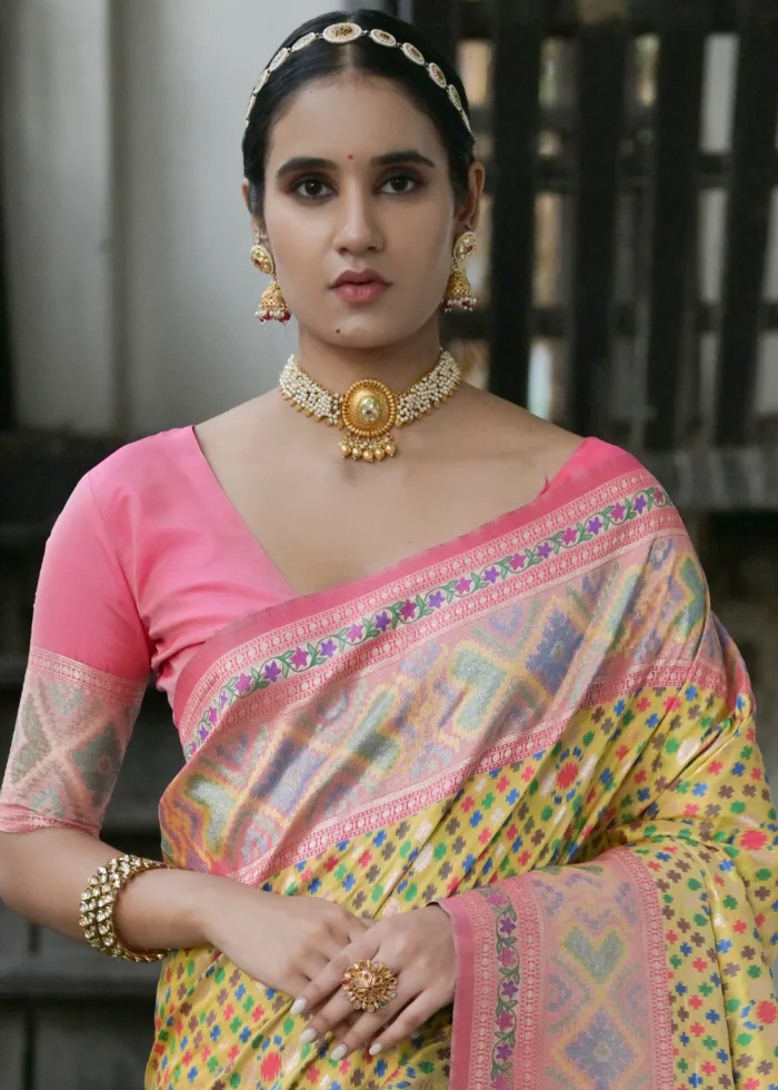 Yellow Patola Silk Saree with Pink Blouse