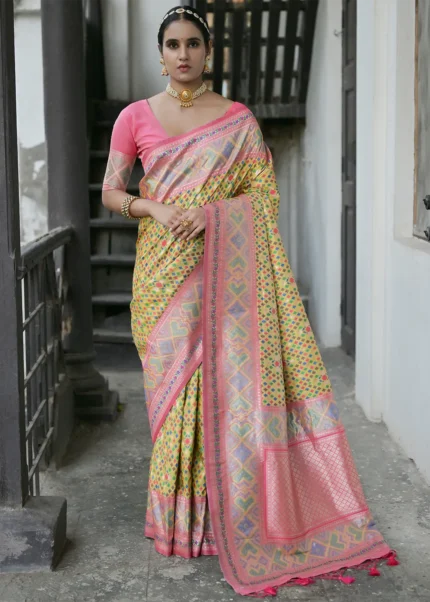 Yellow Patola Silk Saree with Pink Blouse