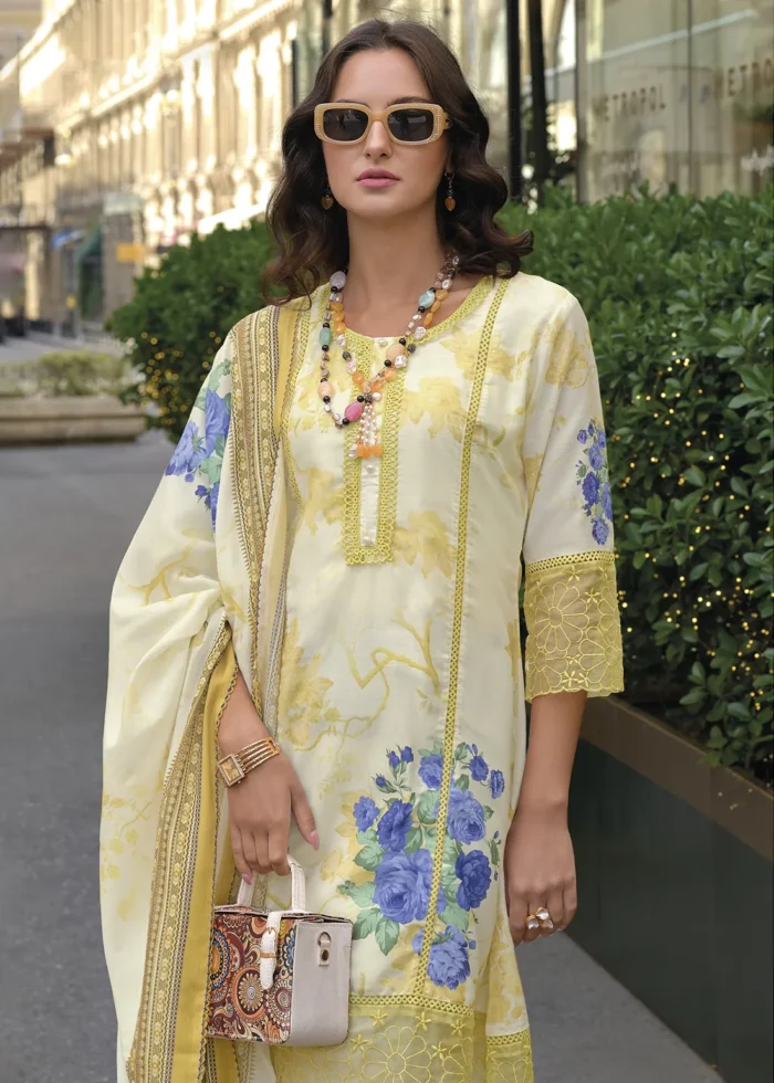 Yellow Printed Cotton Suit with Embroidery Work