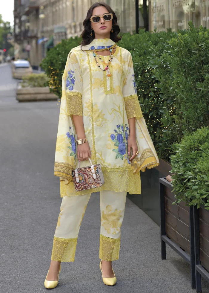 Yellow Printed Cotton Suit with Embroidery Work