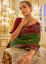 Army Green Banarasi Silk Saree with Maroon Blouse