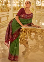 Army Green Banarasi Silk Saree with Maroon Blouse