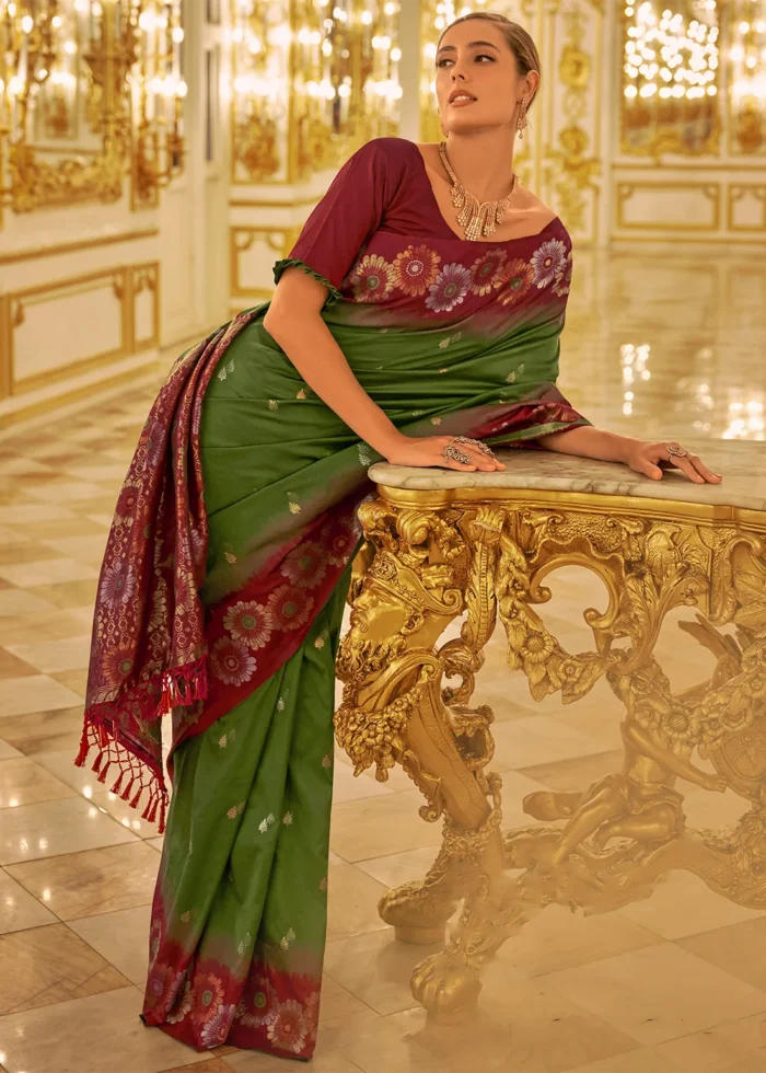 Army Green Banarasi Silk Saree with Maroon Blouse