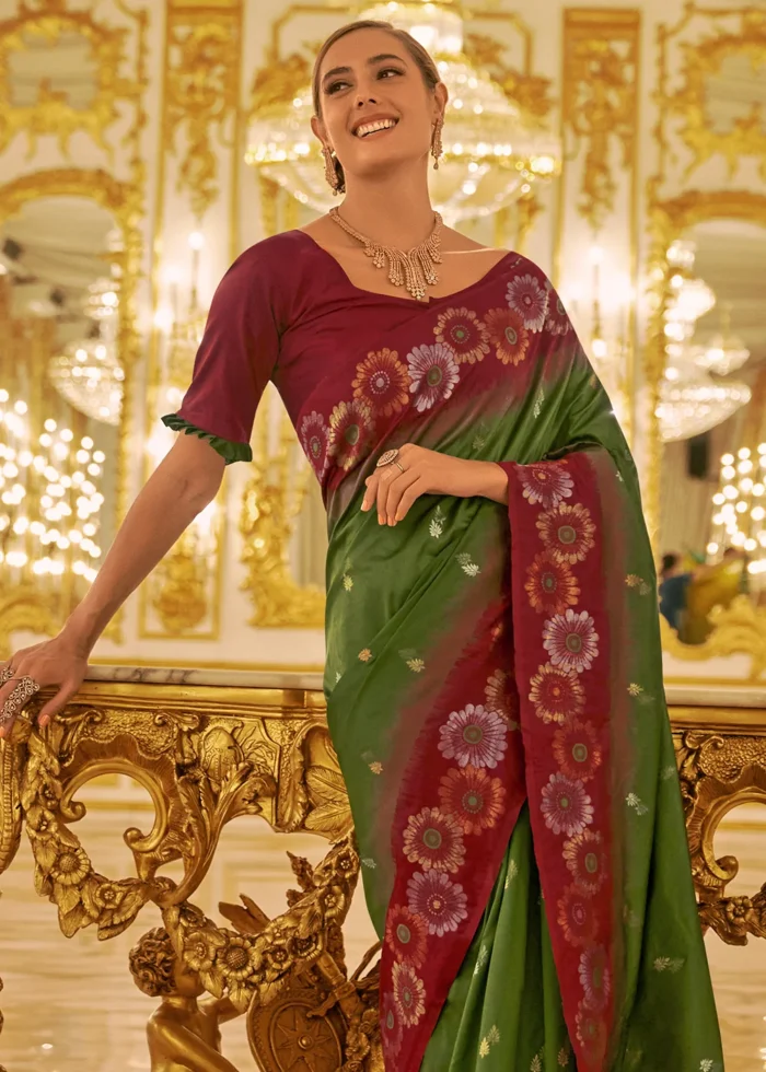 Army Green Banarasi Silk Saree with Maroon Blouse