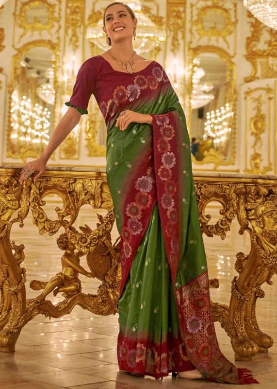 Army Green Banarasi Silk Saree with Maroon Blouse