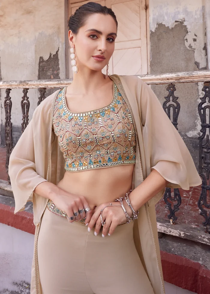 Beige Embroidered Georgette Crop Top Gharara