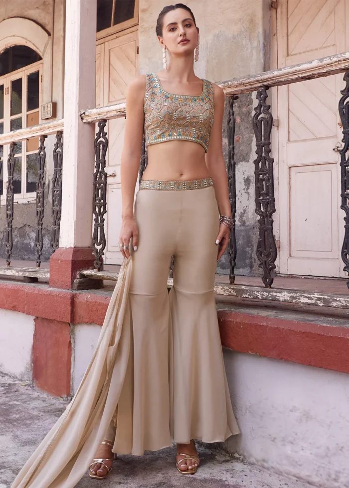 Beige Embroidered Georgette Crop Top Gharara