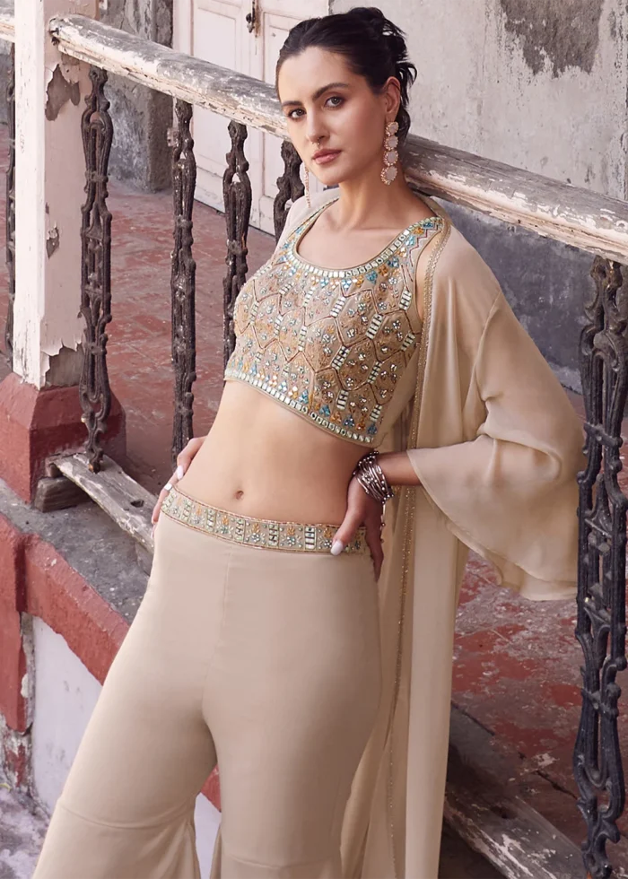 Beige Embroidered Georgette Crop Top Gharara