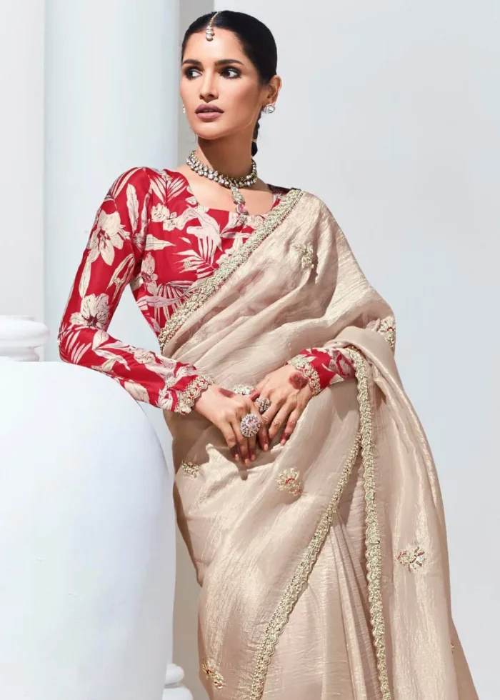 Beige Embroidered Organza Silk Saree