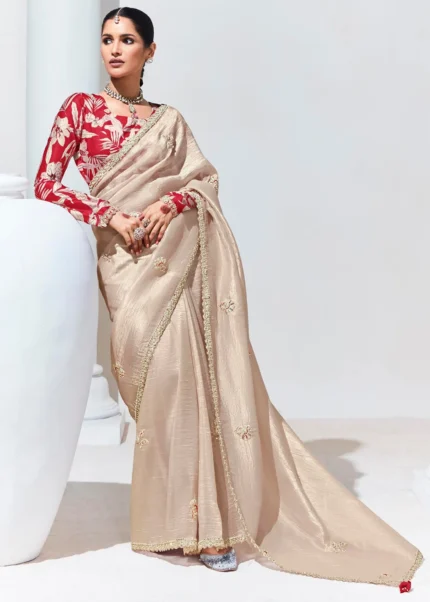 Beige Embroidered Organza Silk Saree