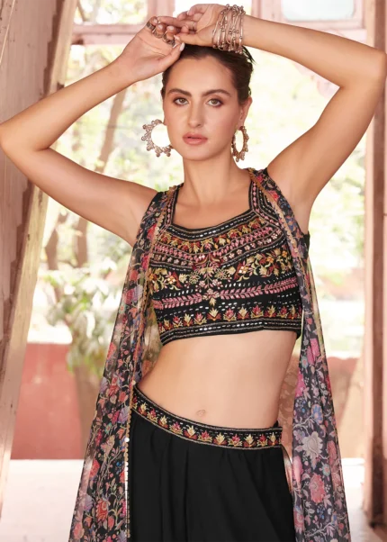 Black Embroidered Georgette Crop Top Sharara with Shrug