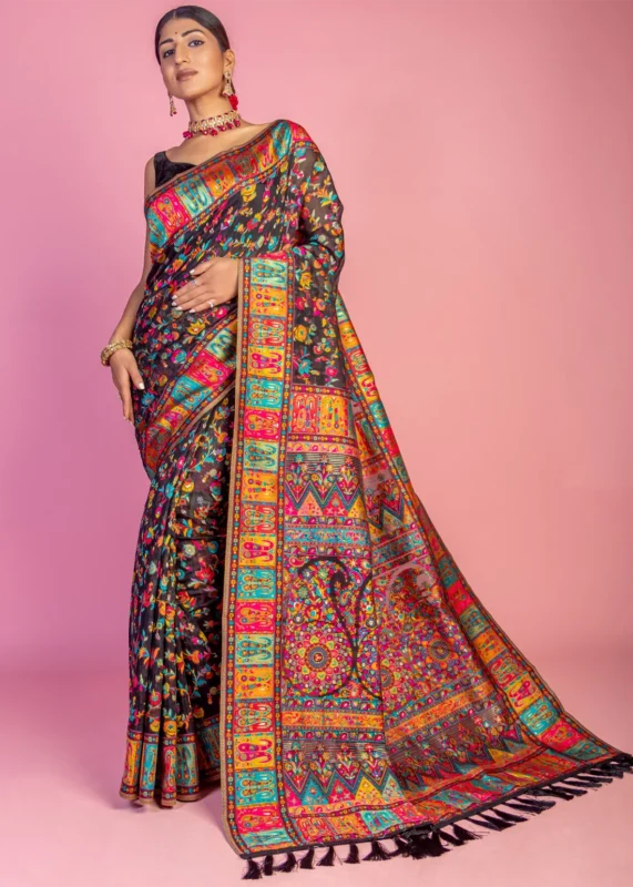 Black Kashmiri Jamawar Pashmina Saree