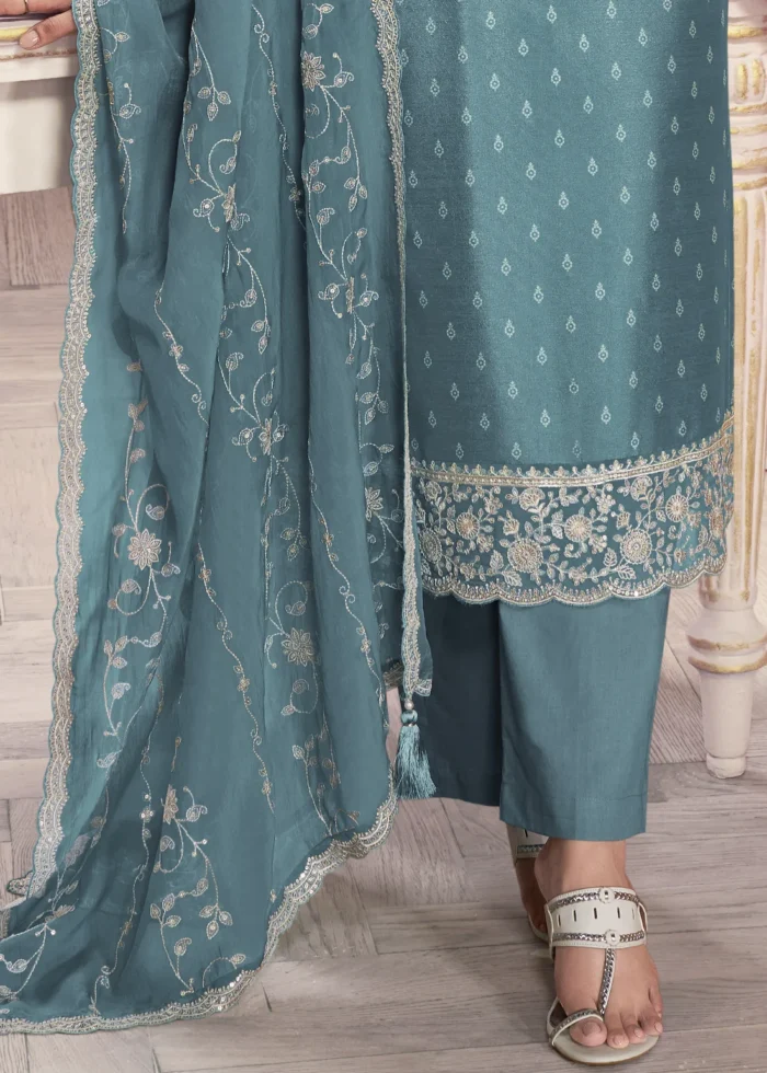 Blue Georgette Silk Printed Suit