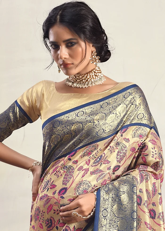 Blue and Beige Dharmavaram Silk Saree