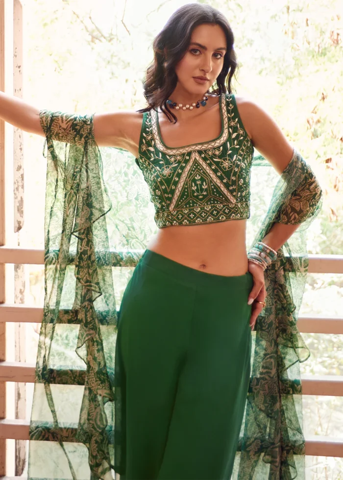 Bottle Green Embroidered Georgette Crop Top Sharara with Shrug