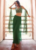 Bottle Green Embroidered Georgette Crop Top Sharara with Shrug