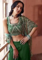 Bottle Green Embroidered Georgette Crop Top Sharara with Shrug