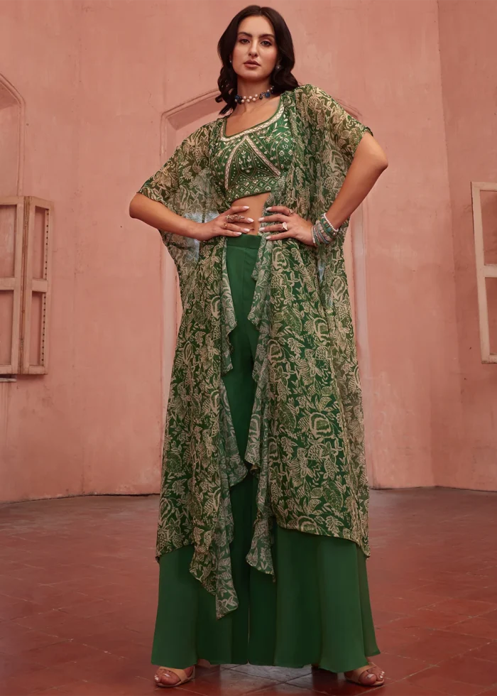 Bottle Green Embroidered Georgette Crop Top Sharara with Shrug