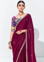 Burgundy Embroidered Organza Silk Saree